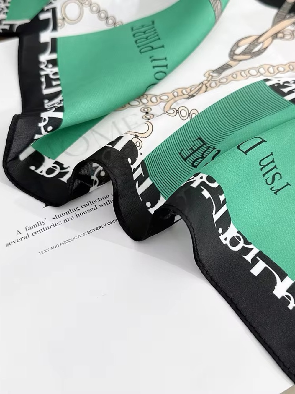 Dior Green Black White Silk Scarf with Chain Print